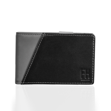 A black slim RFID money clip wallet made of top-grain leather, shown partially opened to display the card slots.